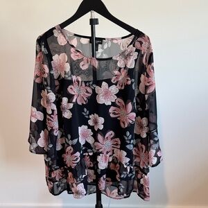 I.N. Studio Sheer Floral Ruffle Hem Tunic - Black, Pink & Cream